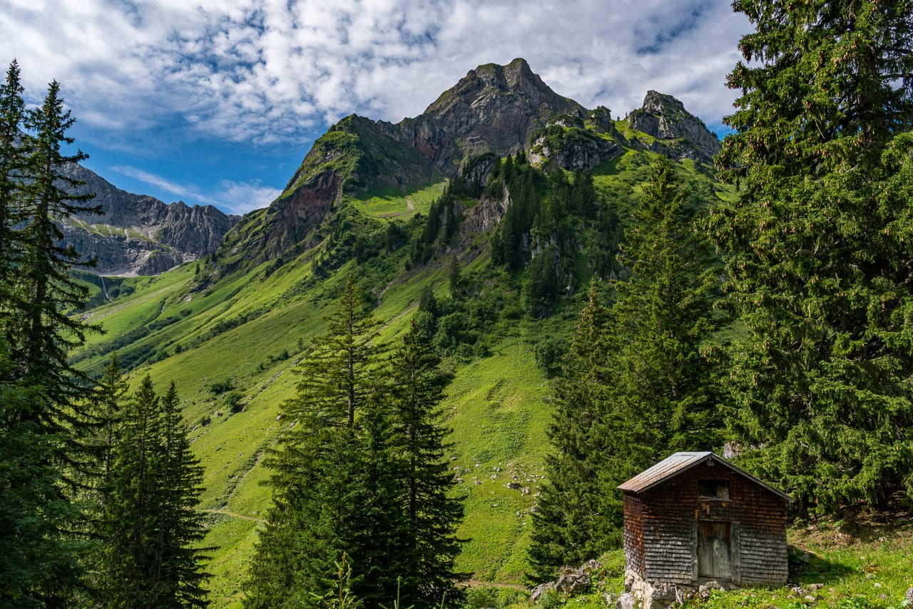 Eine traditionelle Almhütte aus Holz steht umgeben von dichtem Nadelwald am Fuße einer imposanten Bergformation.