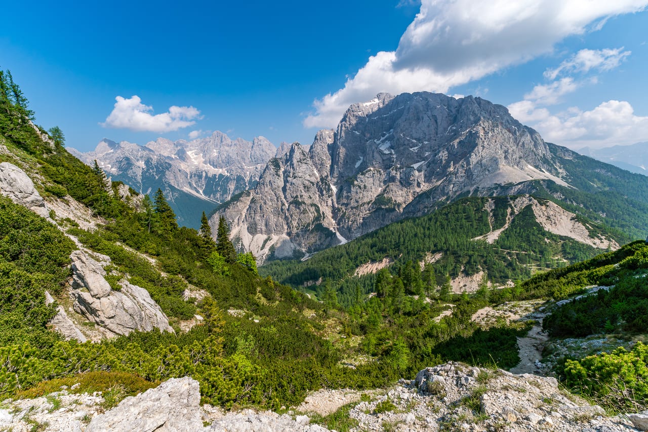 Ein majestätischer Bergzug mit schroffen Felsformationen und schneebedeckten Gipfeln, umgeben von dichtem grünen Nadelwald.