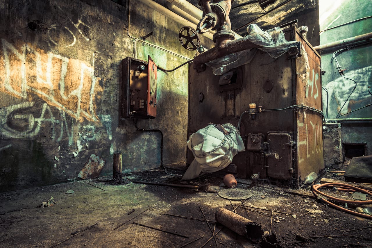 Ein stark verwitterter, rostiger Industrieofen steht in einer verlassenen, schmutzigen Halle mit abblätternder Wandfarbe.